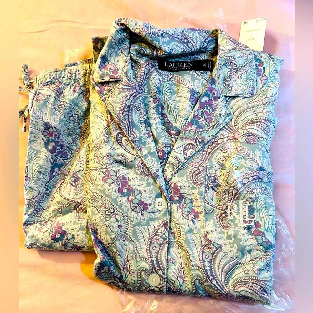 Ralph Lauren RL Paisley purples blues drawstring comfy Pajama Set NWT XS/S women